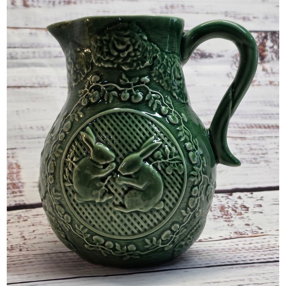 Bordallo Pinheiro Pitcher Medium Green Excellent Rabbit Floral Ceramic